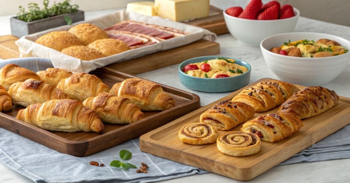 Assorted puff pastry breakfast recipes – Golden croissants, twists, and puffs filled with delicious ingredients.