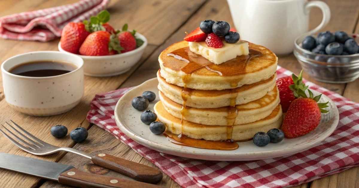 Fluffy buttermilk pancakes with syrup and berries - sweet breakfast recipes