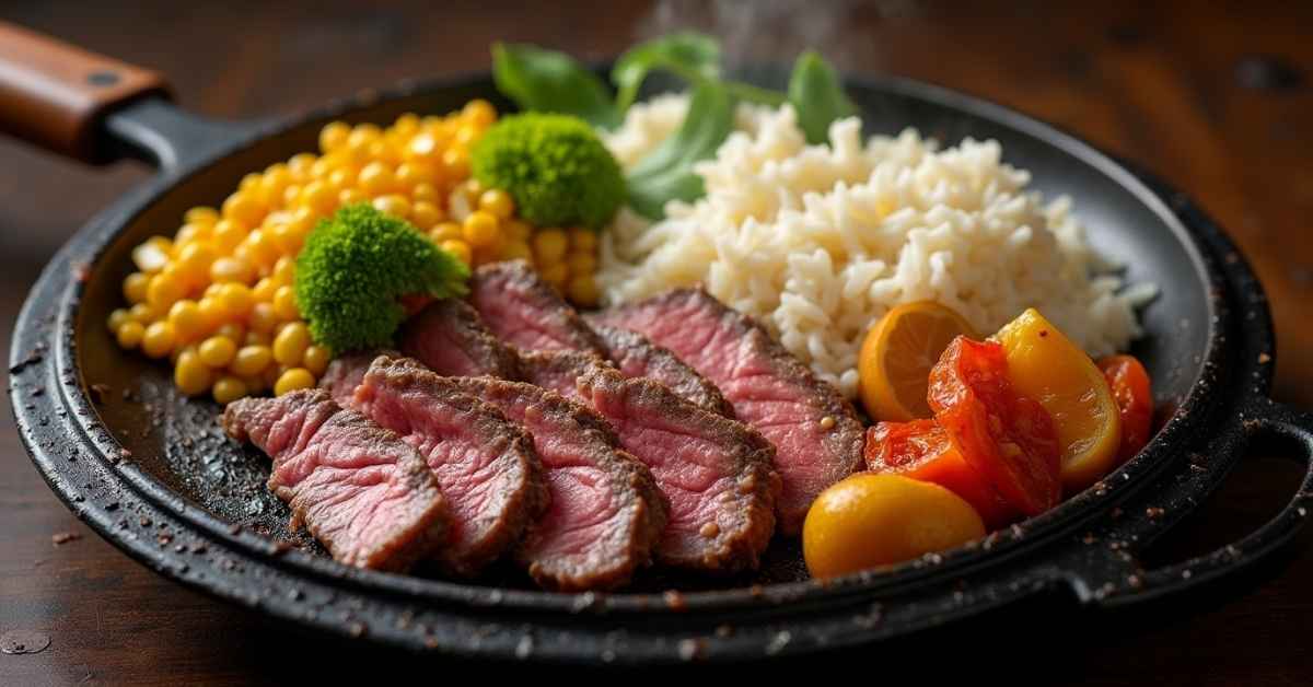 Sizzling pepper lunch recipe with beef, corn, and rice on a hot plate.