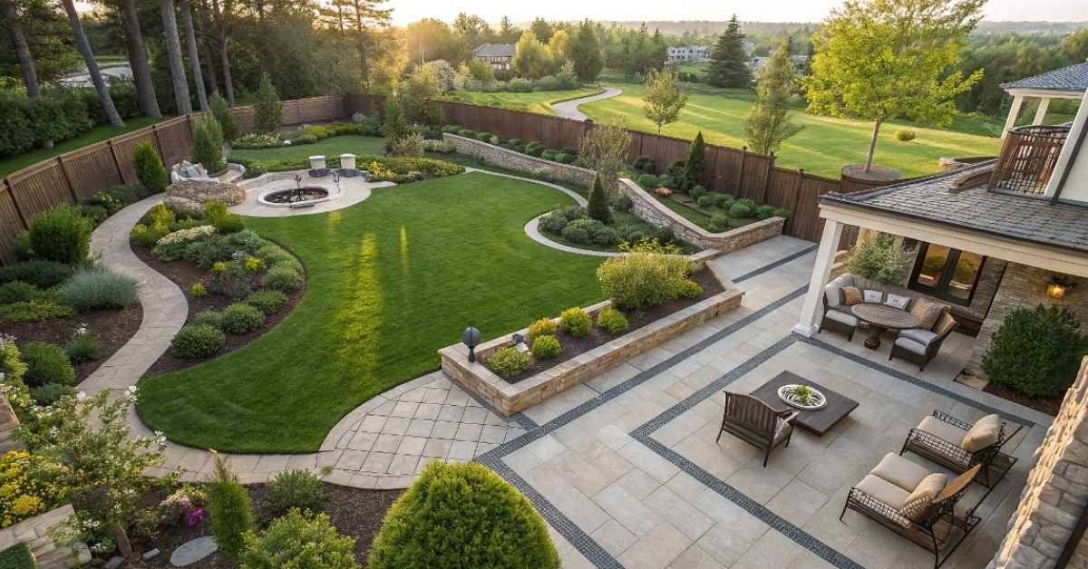 A landscape of a big block with green lawns, stone pathways, and seating areas