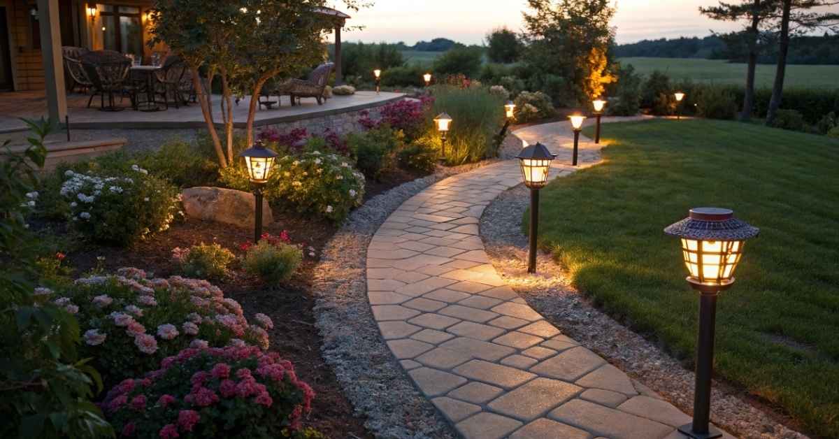 A scenic garden pathway illuminated by landscape path lighting at dusk.