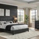 Modern bedroom design with black accents and neutral tones creating a stylish atmosphere.